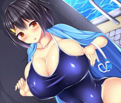 belly belly_button big_breasts black_hair blush blushing hips huge_breasts nervous school_uniform short_hair sweat swimsuit swimwear thin_waist wet yahiro_(anhnw)