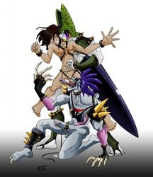 3boys artist_request cell_(dragon_ball) crossover darkstalkers dragon_ball dragon_ball_z gay long_tongue lord_raptor male male_only perfect_cell straight_hair threesome yaoi