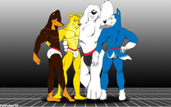 anthro ass barefoot blitz_(road_rovers) blue_fur brown_fur canine clothes dog exile fabfelipe fur furry_ass furry_tail hunter_(road_rovers) male male_only mammal multiple_males orange_fur road_rovers shag shag_(road_rovers) standing tagme tail topless white_fur yellow_fur