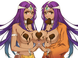 2girls blush breast_press breasts chocolate circlet clothing dark_skin dragon_quest dragon_quest_iv dress fingernails gradient_hair heart huge_breasts large_breasts long_fingernails long_hair long_nails maya_mahabala medium_breasts meena_mahabala mouth_hold multicolored_hair nail nail_polish nails pasties purple_hair sairio siblings sisters symmetrical_docking twins valentine