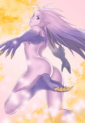 ass barefoot blue_eyes breasts claws esper esper_terra feet female female_only final_fantasy final_fantasy_vi long_hair looking_back monster_girl nude pointy_ears purple_hair purple_skin sideboob signature soles solo terra_branford toes yukihiro