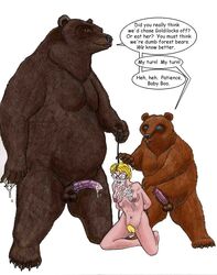 1girls 2boys baby_bear bear breasts bushy_pubes cum cum_in_mouth fables fairy_tales furry glasses goldilocks goldilocks_and_the_three_bears hands_behind_back human_on_anthro nude_female papa_bear public_domain rape slave slavegirl strega tied_up unshaved_pussy zoophilia