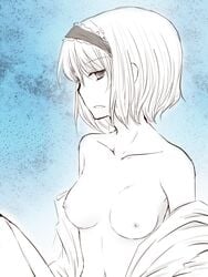 breasts hairband monochrome nipples open_clothes open_shirt shirt short_hair touhou yjy youmu_konpaku