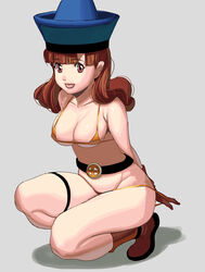 1girls alena_(dq4) bikini boots breasts brown_eyes brown_hair dragon_quest dragon_quest_iv female hat kneeling long_hair masao medium_breasts micro_bikini string_bikini swimsuit tongue