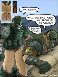 2boys anal anal_penetration anal_sex armor army_of_two bald bald_man balls bara bottomless brown_pants clothed clothed_sex clothing cum cum_in_ass cum_inside dialogue elliot_salem english_dialogue english_text erection evo_t_rex from_behind gay gloves green_pants human human_only male male/male male_only male_penetrated male_penetrating male_penetrating_male mask masked masked_male military military_uniform moan moaning muscles muscular muscular_male outdoors outdoors_sex outside outside_sex pants pants_down penis_size_difference sandbags standing_doggy_style text tyson_rios