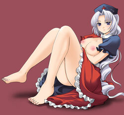 blue_eyes breasts eirin_yagokoro feet legs long_hair megi_(pixiv7518) nipples no_bra nurse silver_hair touhou yumegi_atsuki