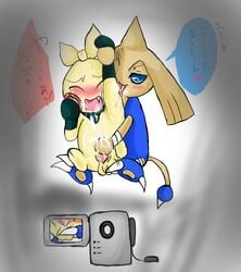 blue_eyes camera claws closed_eyes color cum dialog front_view furry furry_only gay handjob hitmontop interspecies japanese_text licking makuhita male male_only multiple_males nude open_eyes open_mouth pokemon speech_bubble tail testicles text tongue tongue_out translation_request yaoi