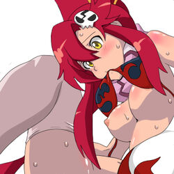 bra bra_lift breasts cl-55 lingerie lowres mouth_hold nipples nude pink_legwear pink_thighhighs ponytail red_hair scarf sweat tengen_toppa_gurren-lagann tengen_toppa_gurren_lagann thighhighs tied_hair underwear yellow_eyes yoko_littner