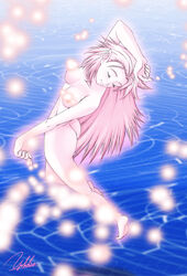 ass breasts closed_eyes esper esper_terra female female_only final_fantasy final_fantasy_vi flying highres long_hair magic nipples nude pink_hair pink_skin pointy_ears signature solo terra_branford yukihiro