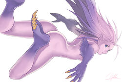 ass barefoot blue_eyes claws esper esper_terra feet female female_only final_fantasy final_fantasy_vi long_hair looking_back nude pointy_ears purple_hair purple_skin signature solo terra_branford yukihiro