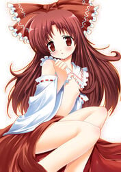 blush brown_eyes brown_hair detached_sleeves female female_only flat_chest human japanese_clothes long_hair miko pikazo reimu_hakurei ribbon solo topless touhou