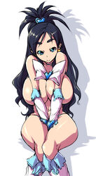 1girls black_hair blue_eyes boots bow breast_press breast_squeeze breasts cure_white earrings elbow_gloves female futari_wa_precure futari_wa_pretty_cure honoka_yukishiro huge_breasts jewelry large_breasts long_hair magical_girl nekomamire precure pretty_cure sitting solo thick_thighs yukishiro_honoka