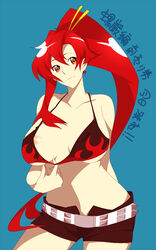 1girls belt bikini_top breasts brown_eyes female hotpants huge_breasts midriff nanao nipple_slip nipples ponytail red_hair short_shorts shorts solo studded_belt tengen_toppa_gurren-lagann tengen_toppa_gurren_lagann tied_hair yoko_littner