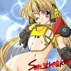 1girls armor blonde_hair breasts female female_only humanformers long_hair purple_eyes rule_63 sunstreaker tagme transformers underboob