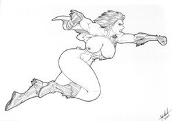 00s 1girls 2000s 2009 artist_signature boots dc dc_comics fabio_miranda female female_only gloves human kara_zor-l karen_starr monochrome nipples no_visible_genitalia power_girl solo superman_(series) torn_clothing