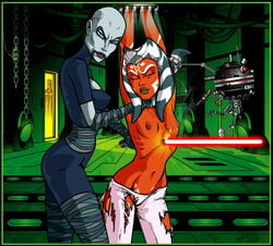 2girls age_difference ahsoka_tano alien alien_girl arms_up armwear asajj_ventress asphyxiation background bald blue_clothing blue_eyes bodysuit bondage bound_wrists breasts captured choking cleavage cleavage_cutout clone_wars closed_eyes dathomiri death detailed_background domination droid eyelashes eyes facial_tattoo female female_death female_focus female_only femdom femsub forced gore green_background grey_skin holding_object holding_sword holding_weapon horn humanoid interrogation_droid interspecies it-o_interrogator jedi jedi_padawan killing laser lightsaber long_eyelashes looking_at_viewer magelord melee_weapon multiple_girls murder nipples older_female open_eyes orange_body orange_skin pantyhose petite pubic_tattoo red_lightsaber robot robs science_fiction sith small_breasts stabbing standing star_wars strangling submissive sword tattoo tentacle tentacle_grab tentacle_hair the_clone_wars:_season_one the_first_magelord thin_waist togruta torn_clothes torn_pantyhose torture trio violence weapon white_body wraps young younger_female yuri