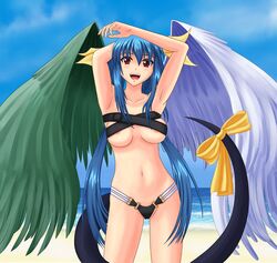 asymmetrical_wings beach bikini blue_hair blush breasts dizzy_(guilty_gear) guilty_gear hair_ribbon long_hair ocean open_mouth red_eyes ribbon smile swimsuit tail tail_ribbon tied_hair twintails uizu underboob wings wiz_(shadow)