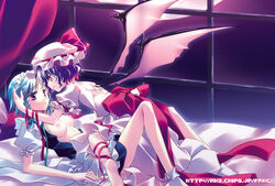 barefoot bat_wings bed breasts female footwear hat lying maid mitsuki_(artist) moon motomiya_mitsuki multiple_girls naughty_face night nipples open_clothes open_shirt remilia_scarlet ribbon sakuya_izayoi shirt short_hair socks touhou window wings yuri