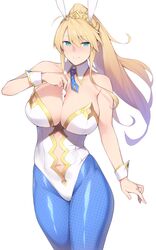 1girls animal_costume animal_ears artoria_pendragon artoria_pendragon_(lancer) artoria_pendragon_(swimsuit_ruler) bare_shoulders between_breasts blonde_hair blue_legwear blush breasts bunny_costume bunny_ears bunny_girl bunnysuit card cleavage costume cu_chulainn_(fate)_(artoria_pendragon) detached_collar enosan fate/grand_order fate_(series) female fishnet_legwear fishnet_pantyhose fishnets hair_between_eyes high_resolution highleg highleg_leotard large_breasts leotard long_hair looking_at_viewer navel navel_cutout necktie no_bra pantyhose pixiv_id_6512194 playing_cards ponytail ruler_(artoria_pendragon) sidelocks simple_background smile solo tied_hair white_background white_leotard wrist_cuffs