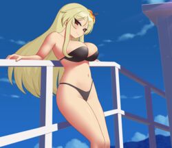 1girls 2020 armpits bikini black_bikini blonde_hair blush breasts cleavage eyebrows_visible_through_hair female female_only flower hair_flower highres kuroonehalf large_breasts long_hair looking_at_viewer mole mole_under_mouth navel outdoors red_eyes senran_kagura shiki_(senran_kagura) sky smile solo standing swimsuit thighs