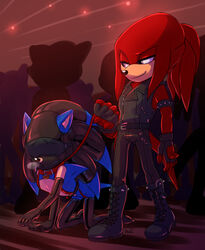 2boys all_fours animal_ears belt blindfold blue_fur blue_hair bondage boots collar crawling domination ear echidna elberik feet gloves half-closed_eyes hands hedgehog holding holding_leash holding_object inkbunny knees knuckles_the_echidna krazyelf latex latex_suit leash leather leather_suit legs male male_only nose on_knees purple_eyes red_fur red_hair smirk sonic_(series) sonic_the_hedgehog sonic_the_hedgehog_(series) sonknux standing tail