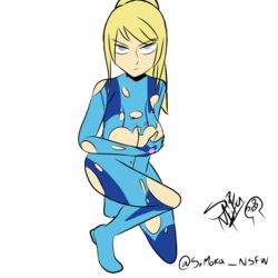 blonde_hair blue_eyes breasts covered_breasts metroid nintendo partially_nude ripped_chest_area ripped_clothing samus_aran signature solo srmoka tagme torn_bodysuit torn_clothes white_background zero_suit zero_suit_samus