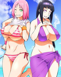 2girls adult_swim alternate_breast_size big_breasts bikini blue_hair daytime female female_only green_eyes hourglass_figure huge_breasts hyuuga_hinata large_breasts lavender_eyes naruto naruto_shippuden nipples nipples_visible_through_clothing pink_hair sakura_haruno sunahara_wataru swimsuit toonami