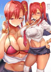 1girls backpack bag big_breasts bikini bikini_under_clothes blush breasts cleavage dark_skin female_only gyaru highres himuro_shunsuke large_breasts long_hair looking_at_viewer midriff miniskirt mole mole_on_breast mole_under_eye multiple_views navel original pink_eyes pleated_skirt red_bikini red_hair school_uniform scrunchie short_hair side_ponytail skirt sky smile solo stomach sweat swimsuit tan thick_thighs thighs translation_request