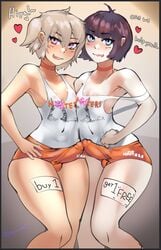 2020 2020s 2boys armpits black_hair blue_eyes blush bulge choker english_text erection erection_under_clothes femboy femboy_hooters floating_heart girly gym_shorts hand_on_hip heart hooters hooters_uniform looking_at_viewer male male_only nelewdy nelody orange_shorts purple_eyes short_shorts shorts simple_background strap_slip tank_top text tomgirl trap white_hair