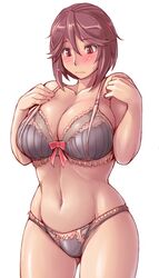 1girls big_breasts blush bow bow_bra breasts brown_eyes brown_hair curvaceous curvy curvy_figure female female_only lace lace-trimmed_bra lace-trimmed_panties large_breasts lingerie rozen_maiden short_hair souseiseki sweat sweatdrop thick_thighs thighs tsuda_nanafushi underwear underwear_only white_background