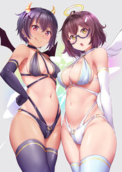 2girls :o :q ahoge angel angel_wings bare_shoulders between_breasts bikini black_bikini black_gloves black_hair black_legwear black_swimsuit black_wings blue-framed_eyewear blush breasts cleavage closed_mouth cowboy_shot demon_girl demon_horns demon_wings duo earrings elbow_gloves female gloves halo high_resolution horns jewelry kanabun large_breasts licking_lips looking_at_viewer medium_breasts megane multicolored multicolored_background multiple_girls navel o-ring o-ring_bikini original purple_hair red_eyes semi-rimless_eyewear short_hair skindentation smile stomach swimsuit tanline tanlines thighhighs tongue tongue_out under-rim_eyewear white_bikini white_gloves white_legwear white_swimsuit white_wings wings yellow_eyes