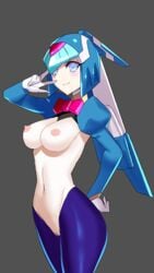 1girls blush breasts clothed cyan_eyes fairy_leviathan female female_only gloves helmet looking_at_viewer medium_breasts mega_man mega_man_zero pussy simple_background smile solo ukimukai vulva white_skin