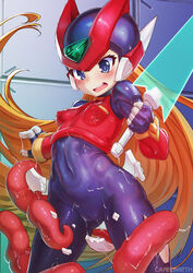 1girls bliss_zero blue_eyes blush breasts carbon12th clothing female long_hair mega_man mega_man_zero open_mouth pussy rule_63 tentacle zero_(mega_man)