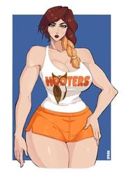 2d big_breasts braided_hair brown_hair cleavage eyeshadow french_braid furia_(paladins) hooters hooters_uniform multicolored_hair paladins shiny_skin short_shorts tall thick_thighs wide_hips zpark