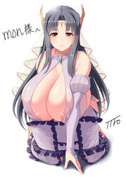 areola_slip areolae breasts cleavage dress fanart gigantic_breasts hanging_breasts huge_breasts human_only kanji kneeling kyonyuu_fantasy long_hair looking_at_viewer nipple_bulge red_eyes rokusaanu_do_dejiiru tro very_long_hair white_background