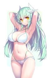 1girls :o armpits arms_behind_head arms_up bangs bare_shoulders bikini blush breasts clavicle cleavage cowboy_shot dragon_girl dragon_horns eyebrows_visible_through_hair fate/grand_order fate_(series) female female_only green_hair hands_in_hair high_resolution hong_(white_spider) horns horny kiyohime_(fate/grand_order) large_breasts large_filesize layered_bikini long_hair looking_at_viewer monster_girl navel only_female paid_reward patreon_reward simple_background solo solo_female standing swimsuit thigh_gap thighs very_high_resolution wet wet_clothes wet_swimsuit white_background white_bikini white_swimsuit yellow_eyes