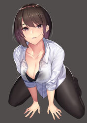 1girls all_fours bangs black_bra black_legwear blush bra bra_cups_sticking_out bra_peek breasts brown_eyes brown_hair cleavage earrings eyebrows_visible_through_hair female female_only grey_background highres jewelry kagematsuri large_breasts looking_at_viewer no_pants no_shoes open_mouth original pantyhose short_hair simple_background sleeves_rolled_up swept_bangs unbuttoned unbuttoned_shirt underwear