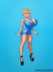 1girls big_breasts bimbo blonde_hair blue_dress bubble_butt deoarts emma_hugaz fanart female_only heterochromia high_heels hourglass_figure huge_breasts large_breasts looking_at_viewer pale-skinned_female short_hair solo_female thick_thighs tight_clothing tight_dress velvet_city_(shiin) wide_hips