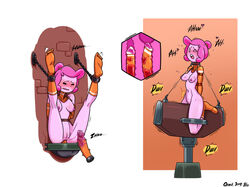 adventure_time blush bondage bound breasts chains collar female female_only femsub forced gmil legs_up nipples pink_hair pink_skin posture_collar princess_bubblegum restrained sex_toy stationary_restraints