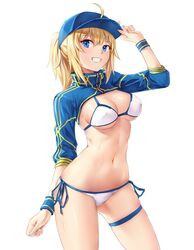 ahoge artoria_pendragon bangs baseball_cap bikini blonde_hair blue_eyes blue_hat blue_headwear blue_jacket breasts chitu_hefeng_zhong cleavage erect_nipples eyebrows_visible_through_hair fate/grand_order fate_(series) female fingernails foreigner_(heroine_xx) frame garter grin hair_between_eyes hair_through_headwear hand_on_headwear hat head_tilt heroine_xx high_resolution jacket light_background long_hair long_sleeves looking_at_viewer medium_breasts mysterious_heroine_xx_(foreigner) navel nipples one_arm_up open_mouth ponytail side-tie_bikini sidelocks simple_background smile solo standing swimsuit teeth thigh_strap tied_hair underboob white_background white_bikini white_swimsuit wristband