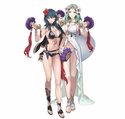 2girls alternate_costume big_breasts bikini black_bikini black_swimsuit blue_eyes breasts byleth_(fire_emblem) byleth_(fire_emblem)_(female) byleth_(fire_emblem)_(female)_(summer) cleavage cuboon female female_only fire_emblem fire_emblem:_three_houses fire_emblem_heroes full_body green_eyes green_hair hi_res nintendo official_art rhea_(fire_emblem) rhea_(summer)_(fire_emblem) sandals summer swimsuit teal_hair white_bikini white_swimsuit wide_hips