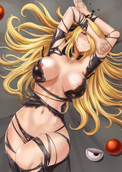 1girls abs areolae armpits blonde_hair blush curvy_figure cynthia_(pokemon) eye_contact female human jojobirdz large_breasts long_hair looking_at_viewer nintendo pale-skinned_female pale_skin pokeball pokemon pokemon_dppt ripped_bra ripped_clothing smile thick_thighs thighs torn_clothes voluptuous wide_hips