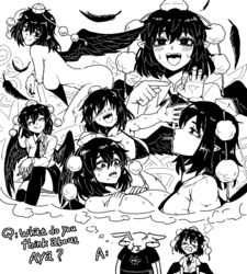 1girls artist_self-insert bikini black_and_white black_hair black_wings blush cigarette clothed_female formicid imagining nude_female offering open_mouth pom_poms shameimaru_aya smoking tagme touhou