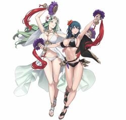 2girls alternate_costume big_breasts bikini black_bikini black_swimsuit blue_eyes breasts byleth_(fire_emblem) byleth_(fire_emblem)_(female) byleth_(fire_emblem)_(female)_(summer) cleavage cuboon female female_only fire_emblem fire_emblem:_three_houses fire_emblem_heroes full_body green_eyes green_hair hi_res nintendo official_art rhea_(fire_emblem) rhea_(summer)_(fire_emblem) sandals summer swimsuit teal_hair white_bikini white_swimsuit