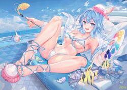 1girls armpits atdan bare_arms bare_legs blue_eyes blue_footwear blue_hair blue_high_heels blue_sky blue_swimsuit breasts fangs feet feet_together female foot_fetish haiyi high_heel_sandals high_heels looking_at_viewer open_toe_shoes painting sandals sitting smile swimsuit synthesizer_v tagme toenails toes