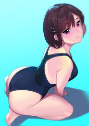 1girls absurdres all_fours ass back bangs bare_shoulders blue_background blue_swimsuit blush breasts brown_hair closed_mouth female female_only hair_ornament hairclip highleg highleg_swimsuit highres kagematsuri kneeling large_breasts leaning_forward looking_at_viewer looking_up mole mole_under_eye one-piece_swimsuit original purple_eyes simple_background smile swimsuit thighs