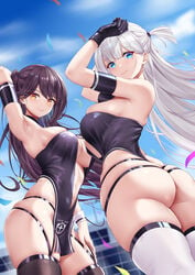 2girls arm_strap armpits arms_up ass azur_lane black_gloves blue_eyes blue_sky blurry breasts brown_legwear center_opening chitu_hefeng_zhong criss-cross_halter depth_of_field eyeshadow female from_behind gloves hair_ornament halter_top halterneck high_resolution large_breasts leotard long_hair looking_at_viewer makeup mole mole_under_eye multiple_girls navel_cutout one_side_up outdoors race_queen shoukaku_(azur_lane) shoukaku_(sororal_wings)_(azur_lane) sideboob skindentation sky smile thighs thong thong_leotard unitard very_high_resolution very_long_hair viewed_from_below white_hair white_legwear wrist_cuffs zuikaku_(azur_lane) zuikaku_(the_wind's_true_name)_(azur_lane)