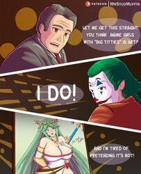 1girls 2020 2boys arthur_fleck artist_signature big_breasts breasts comic dc dc_comics english english_text female green_hair huge_breasts joaquin_phoenix joker joker_(film) kid_icarus large_breasts long_hair male meme mrstudmuffin multiple_boys murray_franklin nintendo palutena patreon photo robert_deniro straight talking text the_joker very_long_hair