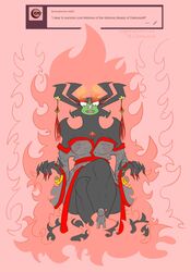 aku ambiguous_gender black_body breasts claws clothed clothing detailed_background duo eyewear fangs female fire glasses green_body hi_res humanoid jewelry multicolored_body open_mouth ring rule_63 samurai_jack sitting sugarbeasts-07 text thumb_ring two_tone_body vipery-07