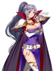 1girls armor artist_name bangs bare_legs belt black_cape bracelet breasts cape chocojax choker cleavage commission cross detached_sleeves dress earrings elbow_gloves eyebrows_behind_hair female female_only fire_emblem fire_emblem:_genealogy_of_the_holy_war gloves hair_behind_ear highres ishtar_(fire_emblem) jewelry large_breasts long_hair looking_at_viewer nintendo pauldrons pelvic_curtain playing_with_hair ponytail purple_eyes purple_hair shoulder_armor side_slit smile solo thighhighs tied_hair very_long_hair white_gloves